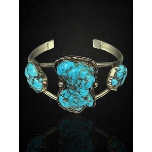 Native American Vintage Sterling Silver Turquoise Nugget Cuff Bracelet
